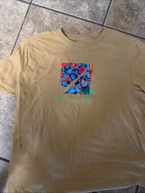 Nike Tan Short-Sleeve Tee with Multicolor Swoosh Graphic